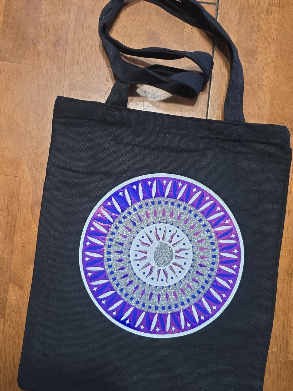 Black Heavy Canvas Tote Bag with White/Silver/Metallic Sun/Moon Mandala Print